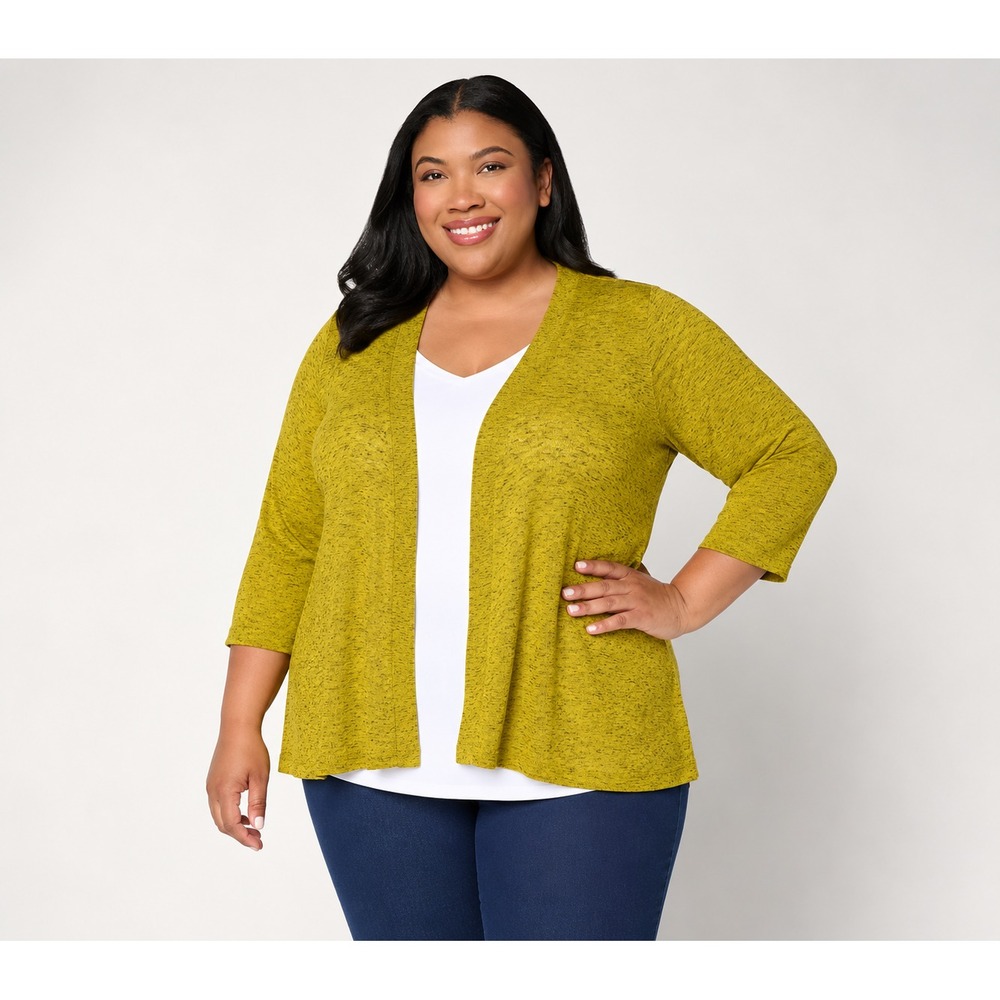 Denim & Co. Slub Knit Open Front 3/4-Sleeve Cardigan Avocado, Large